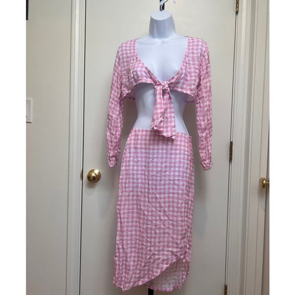 Revolve VDM The Label Jemma Crop Top/Stassie Ruched Skirt Pink Gingham  Sz Sm - Picture 1 of 12